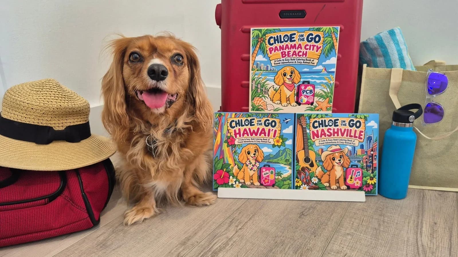 Chloe with her suitcase and books